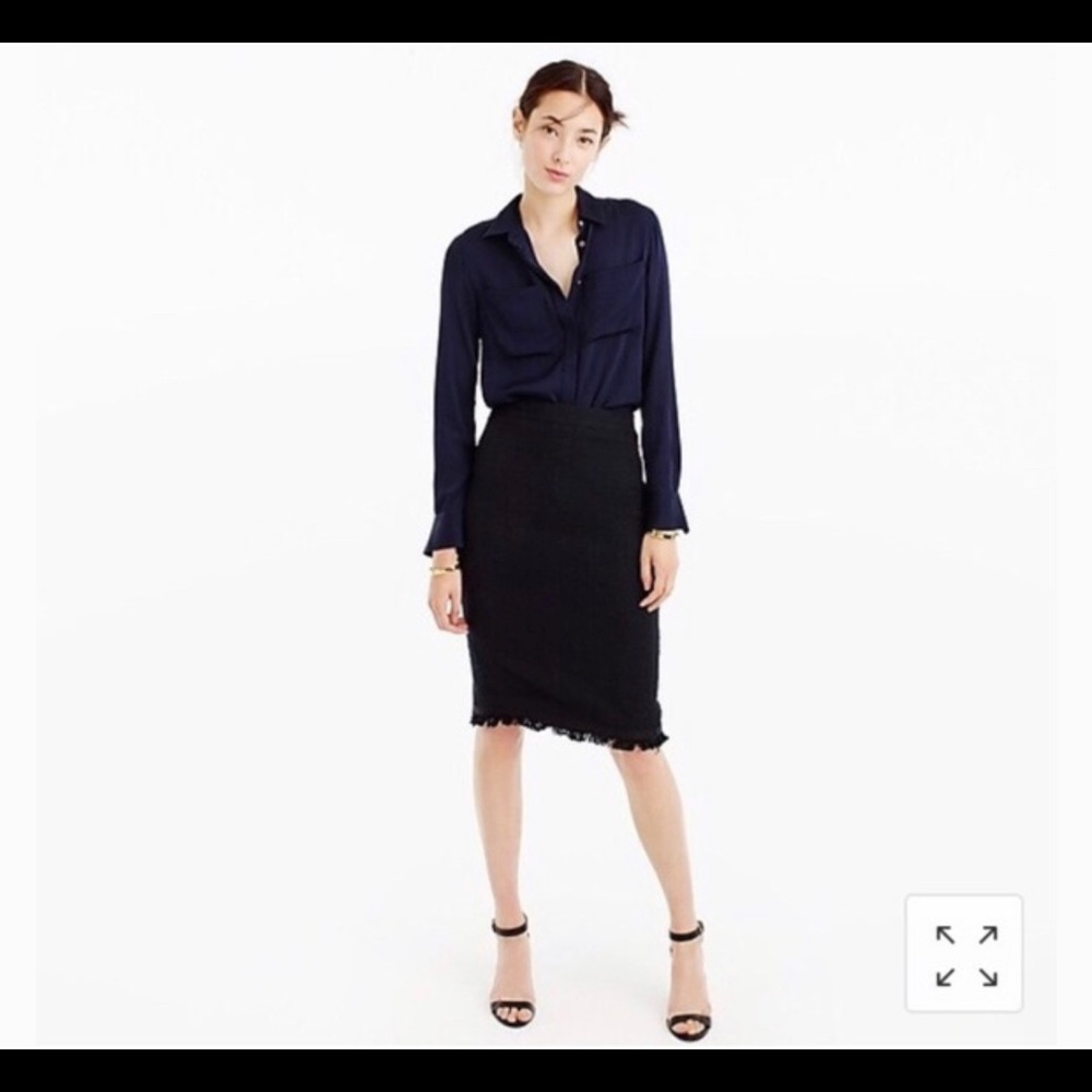 J Crew Black Tweed Pencil Skirt With Fringe